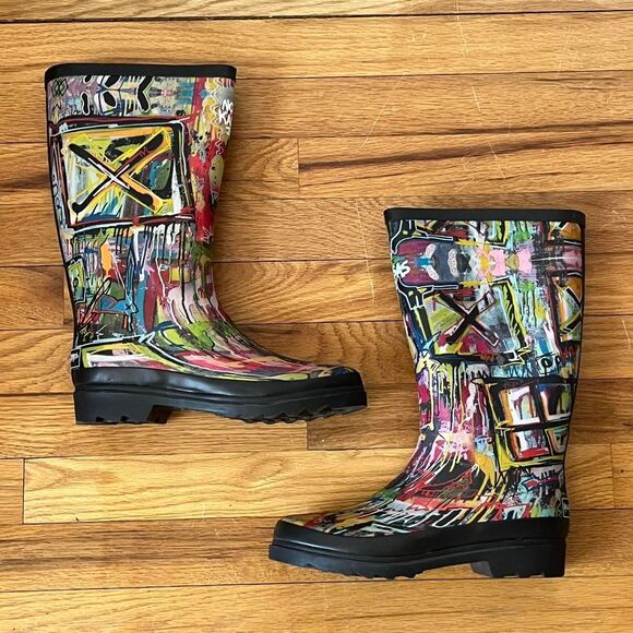 Womens Street Art Print Novelty Multicolor Mid Calf Rubber Rain Boots New 7 - Picture 4 of 8